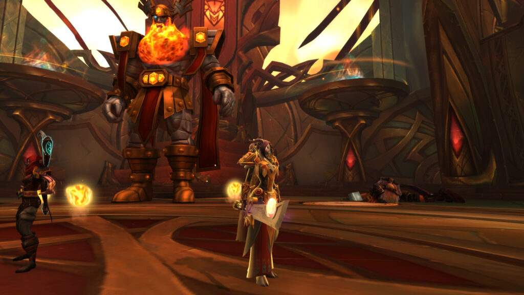 A fire-armored warrior and a priestess in a hall